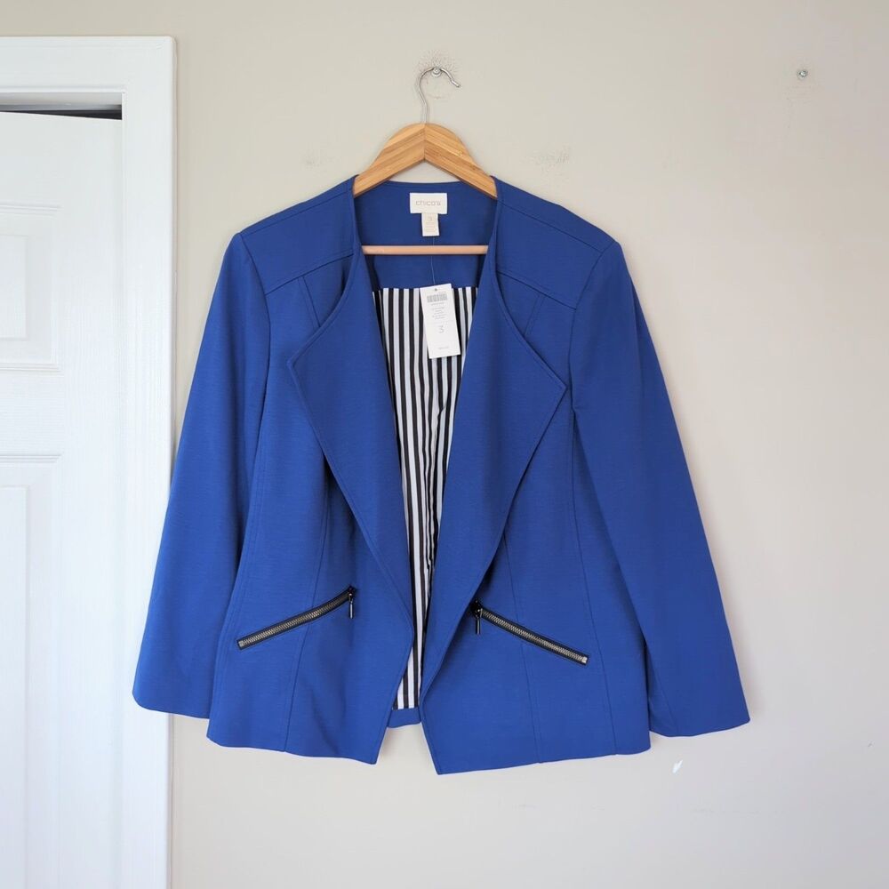 Chico's NWT Cobalt Blue Ponte Knit Moto Blazer Jacket Open Front Size 3/16/XL